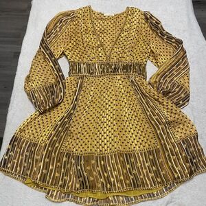 Ulla Johnson Silk Dress 4 Yellow Gold Amabelle V Neck Floral Motif Boho Luxury